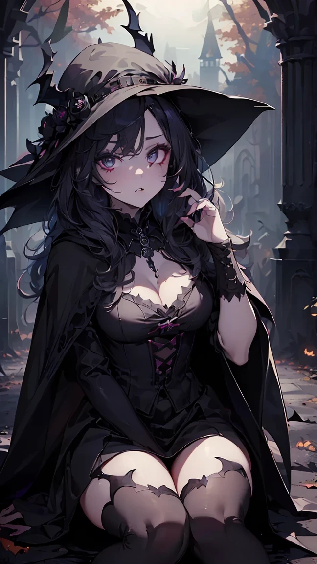 (((Best quality, 8k, Masterpiece: 1.3)), ((best quality)), ((masterpiece)), (detailed), perfect face, Makeup for Halloween, Gothic horror, Bat wings, black clothes, black cloak, white skin, pale skin