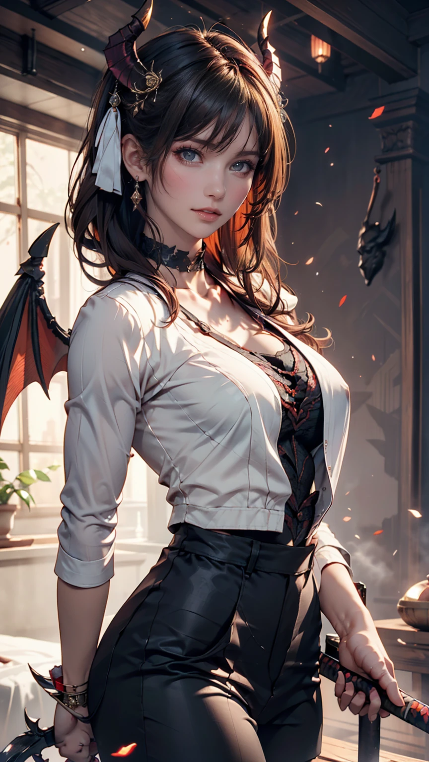 masterpiece), (Best Quality), ( Details), Light Layer, Glowing Skin, (intricate  Details , Tight clothes, ,  Demon Wings, hair ornament :1.2), the above,  Black Hair , Black choker, Long Hair, hime cut, woman,  short bang ,  side lock, Red eyes, Retain staff, scythe, holding a sword , (成熟したwoman:1.1), [uncensored, nsfw, Nipples],  side ponytail   (  simple background:1.1),  