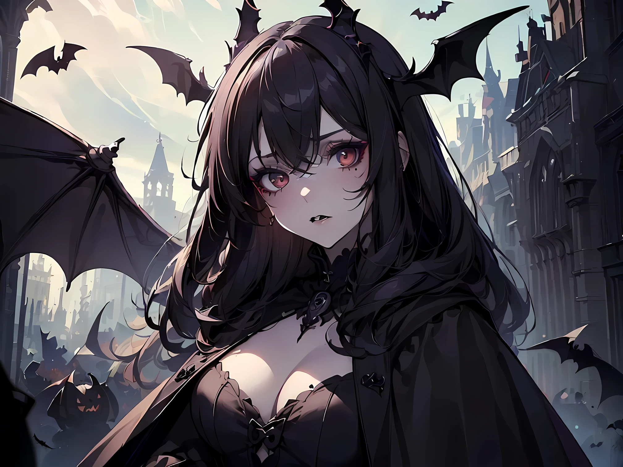 (((Best quality, 8k, Masterpiece: 1.3)), ((best quality)), ((masterpiece)), (detailed), perfect face, Makeup for Halloween, Gothic horror, Bat wings, black clothes, black cloak, white skin, pale skin