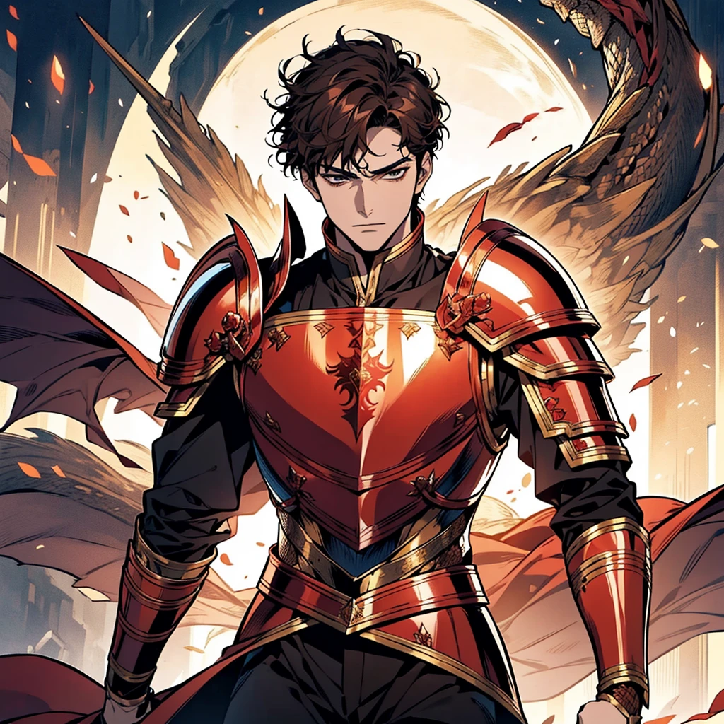 Male 2.0、solo2.0、 standing up close to black brown hair、Red Copper Armor、Young Hero King 1 .5、Golden Sword、Handsome face 1 .8、 riding a dragon 2 .0、precise arms and hands1.8