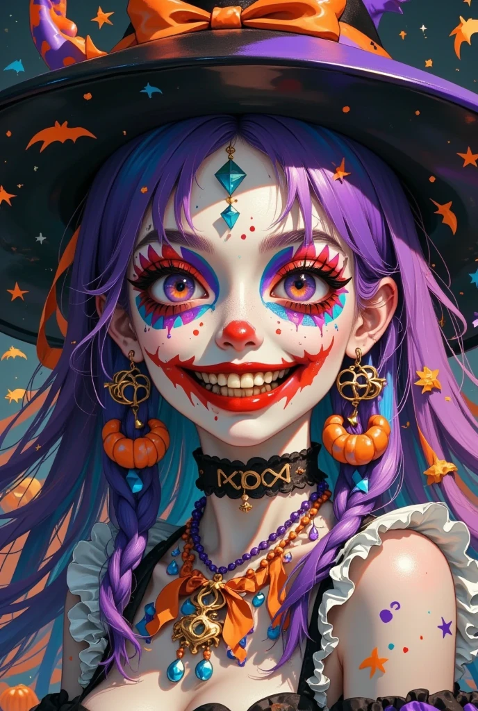 Halloween， beautiful portrait of a crazy witch，clown makeup 