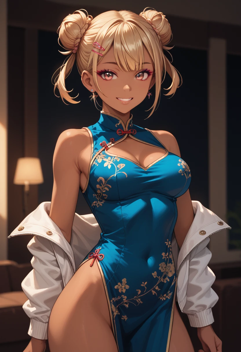 (masterpiece, best quality), Intricate details, indirect lighting, 
whole body, (Focus on the breasts),  looking at viewer, standing, 1girl, medium breasts, bare breasts,
BREAK
gyaru, ((((dark skin)))), short hair, double hair buns, hairclip, cropped jacket, white jacket, Navy blue china dress, smile