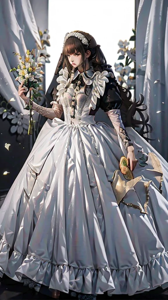 1woman, maid, wolf ears, brown hair, gold eyes, standing on ground, high res, ultra sharp, 8K, masterpiece The Puffy Skirt 