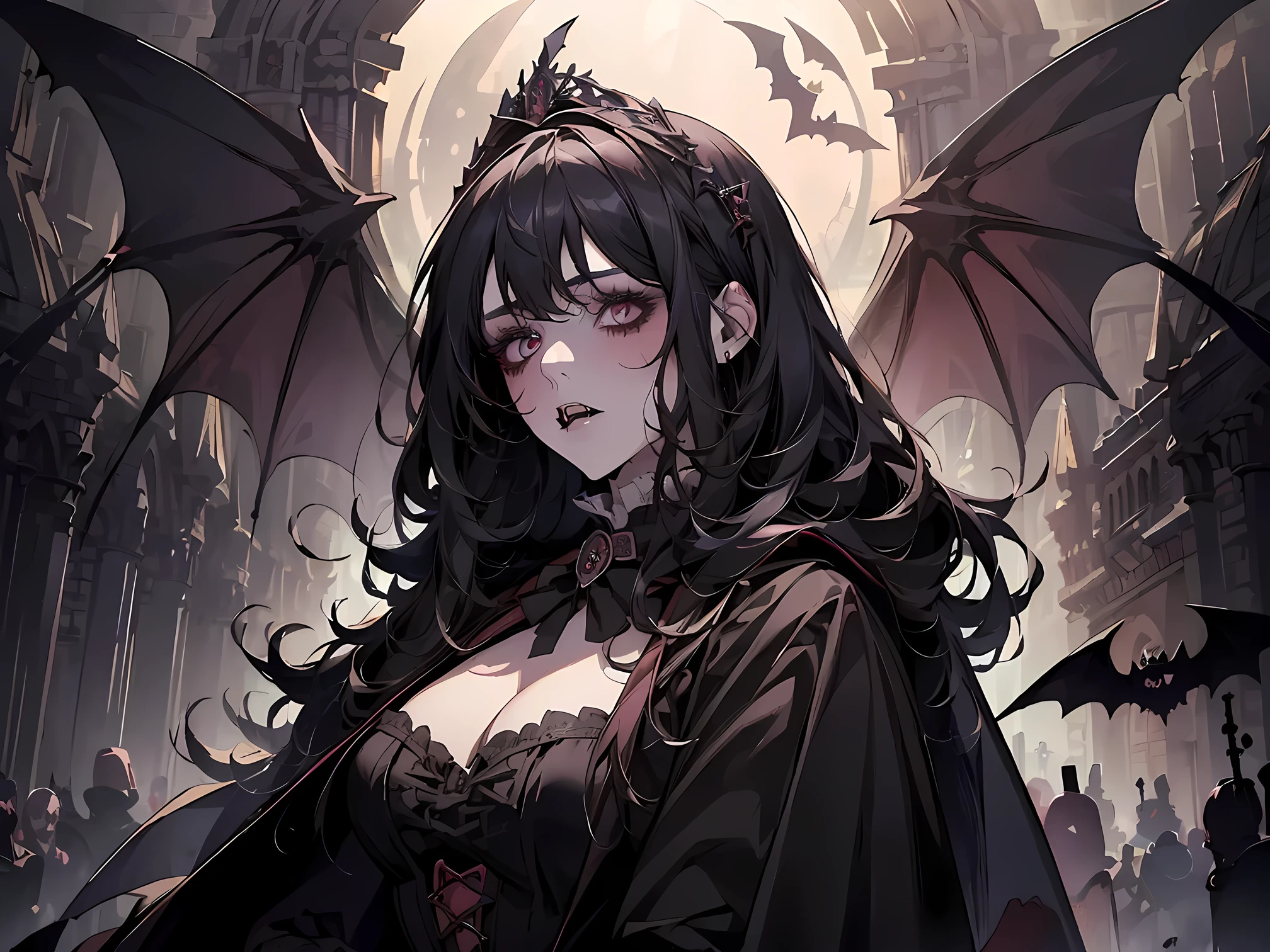 (((Best quality, 8k, Masterpiece: 1.3)), ((best quality)), ((masterpiece)), (detailed), perfect face, Makeup for Halloween, Gothic horror, Bat wings, black clothes, black cloak, white skin, pale skin