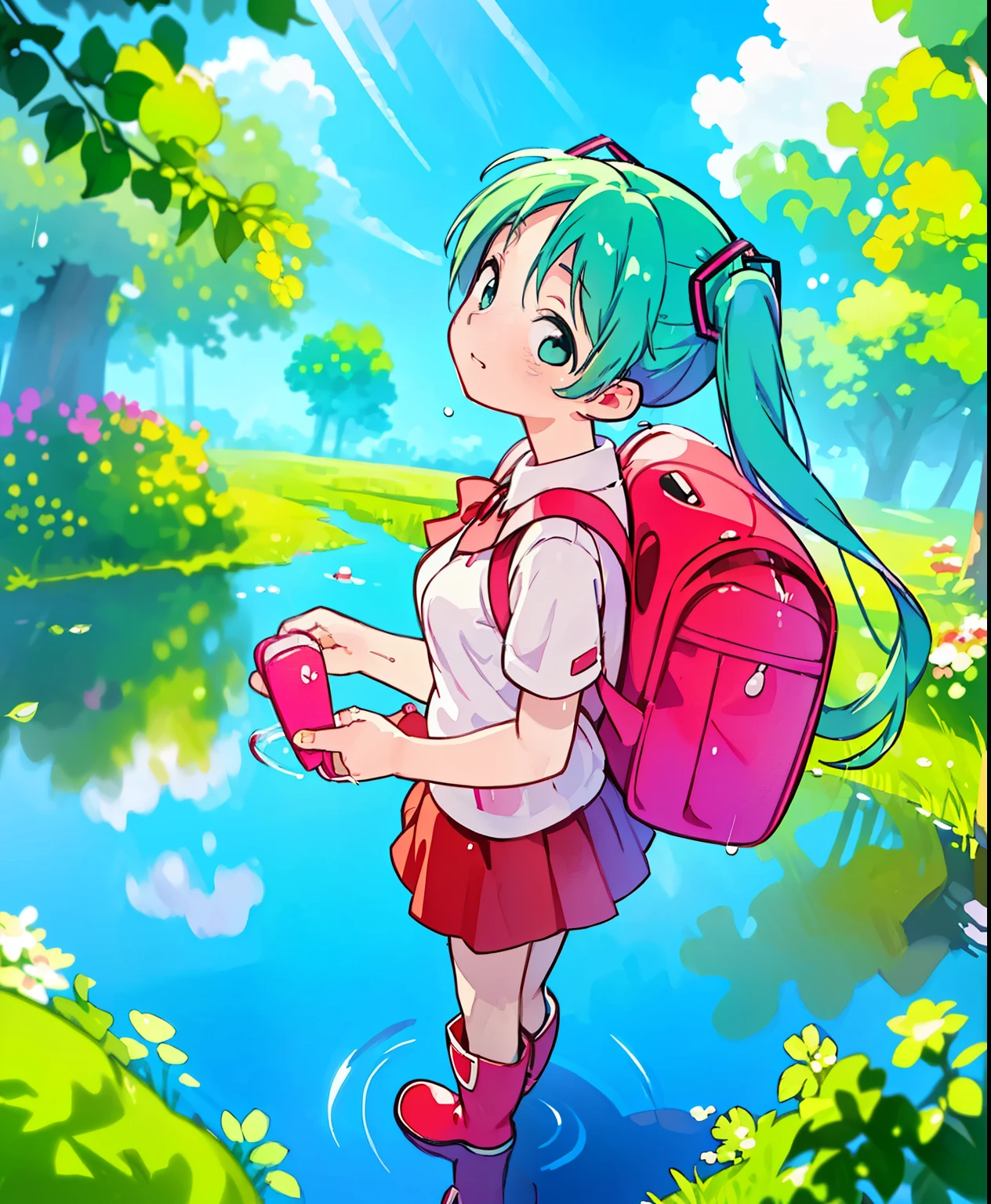 (masterpiece、Best Quality、Best Quality、Official Art、Beautiful and beautiful:1.2)、(One person:1.3) Hatsune Miku、 twin tails,Beautiful breasts,、 after rain、 look up at the sky、Red boots 、 red skirt 、Short-sleeved shirt、 carry the backpack、 reflection in puddle 、 delicate illustration 、 pastel color 、 anime illustration