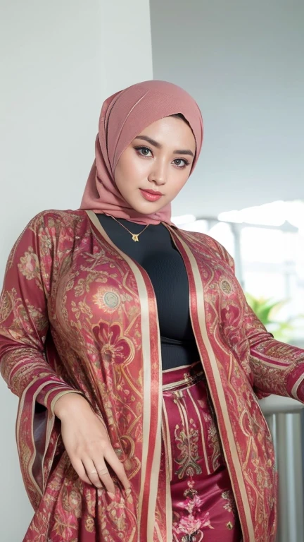 RAW, Best quality, high resolution, masterpiece: 1.3), beautiful Malay woman in hijab :0.8), beautiful face, fit body, big eyes, shiny lips,(big breasts),thick thighs, woman in red jacket and , maroon, hijab , long layered clothing, with robes, maroon, ade santora style, magenta, in rich colors, modern muslim clothing, traditional malay clothing, beautiful malay women