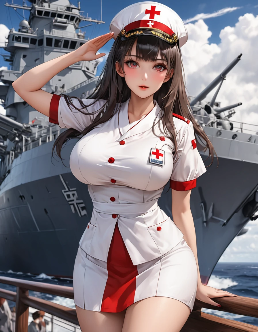 Masterpiece,Best Quality, beautiful eyes, cinematic lens effect, highly dramatic picture, ultra detailed, depth of field, medium full length, ((Busty Bitches)), ((Japanese imperial Navy)), Ecchi girl in nurse costume, firm expression, saluting , shiny complexion, white and red clothes, military ship,