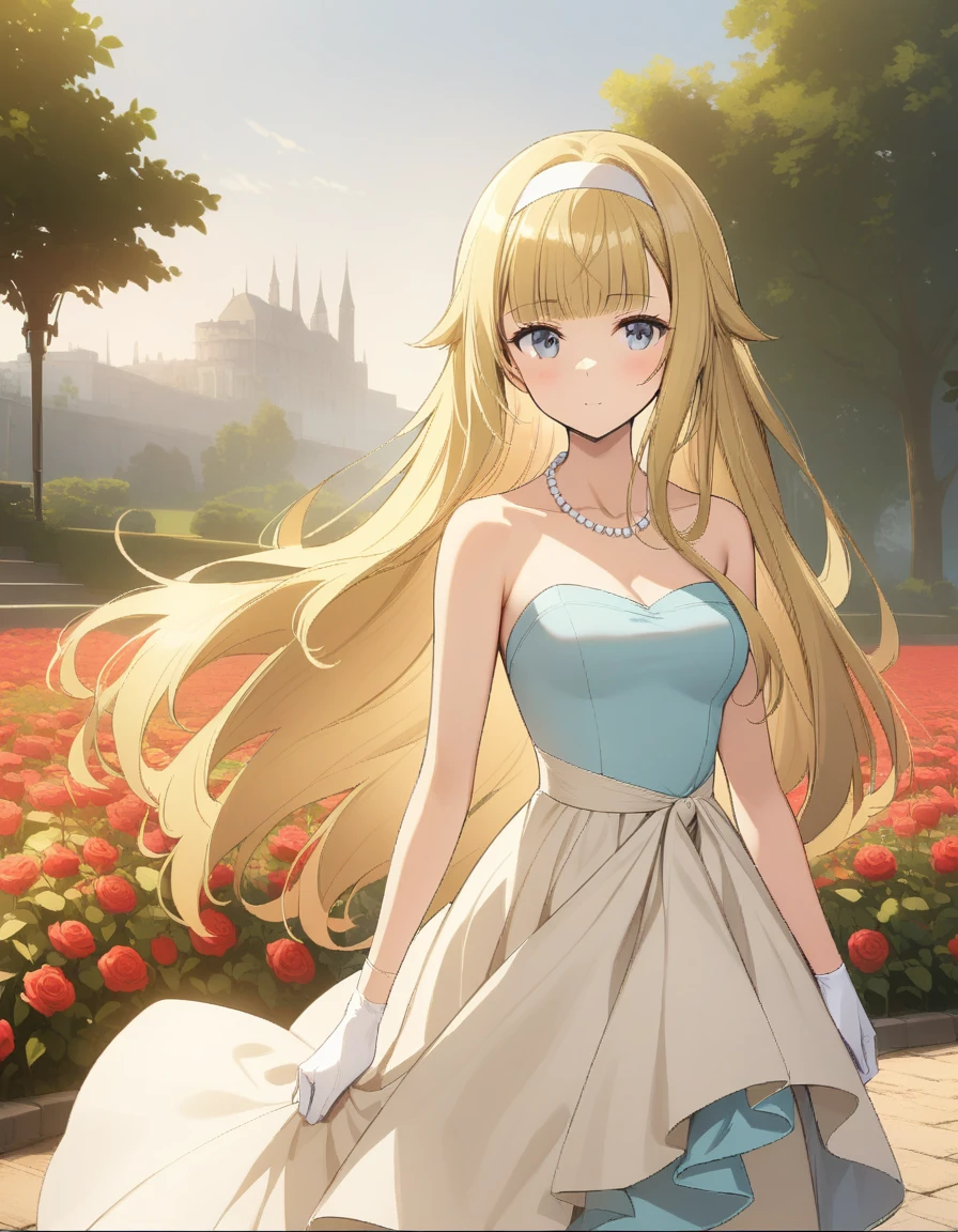 ((Best quality))), ((Ultra-detailed)), ((illustration)), ((Disheveled hair)), ((frilld)), (1 girl), (Solo),1girl, sysdeep_drelise 1girl, solo, long_hair, grey_eyes, blonde_hair, gloves, dress, bare_shoulders, jewelry, very_long_hair, flower, hairband, outdoors, alternate_costume, white_gloves, necklace, white_dress, strapless, headband, blue_dress, rose, parody, red_flower, strapless_dress, red_rose, white_hairband, pearl_necklace