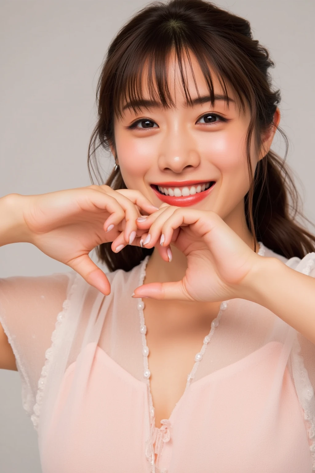 She is in a pose wearing a sexy camisole, making a firm big heart shape with both hands, and holding it in front of her chest, Cute smile up

