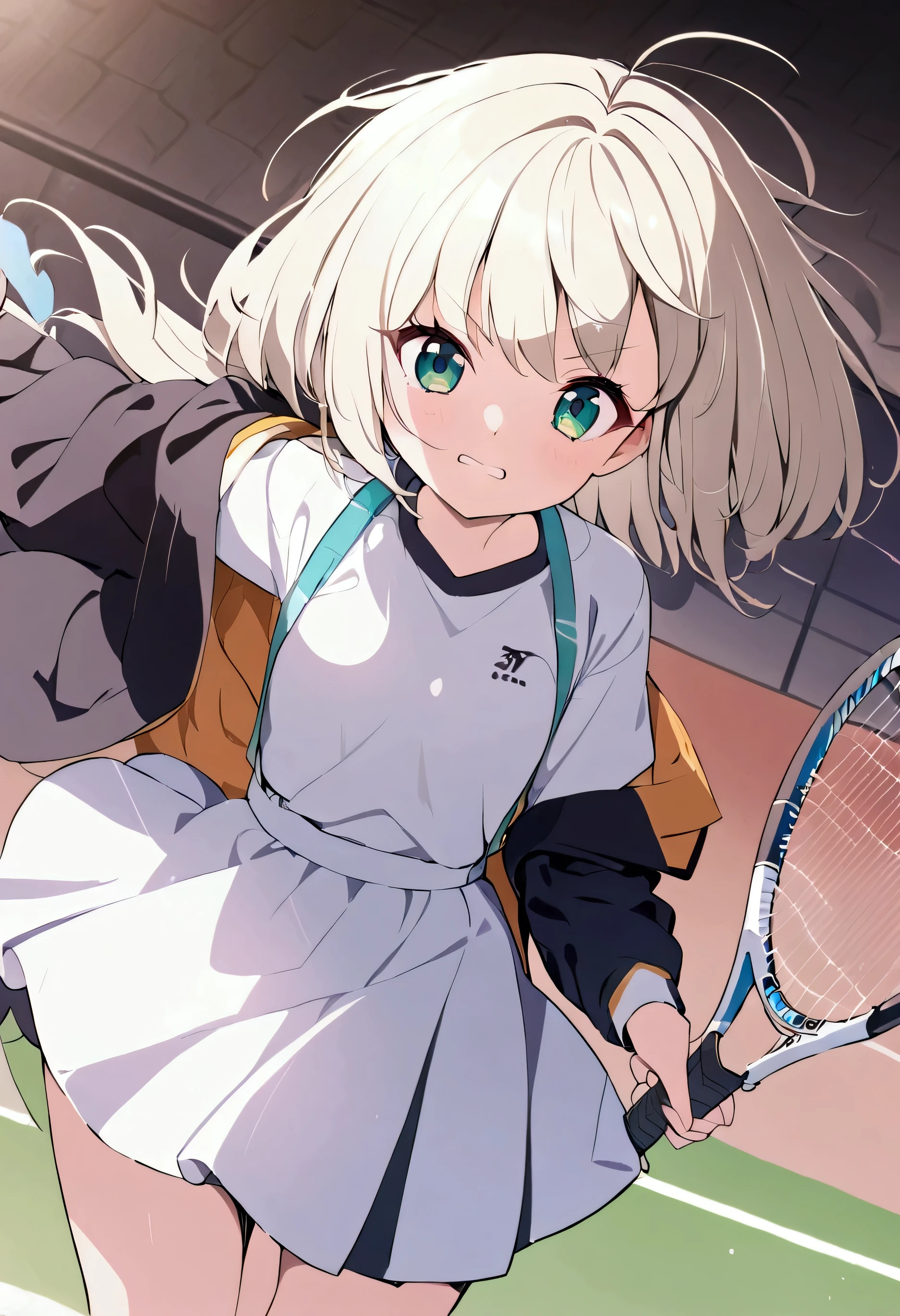 Best Quality、8k、Representative Works:1.3、 girl、1 person、1 personで、 petite and glamorous body 、curve、cute、Raise your eyes、 clench your teeth、Beautiful long platinum blonde hair 、 beautiful emerald green eyes 、Wear tennis clothes and hold a tennis racket 、Tennis match、On the tennis court、 decide to smash towards your opponent's coat、Overall Image、 front shot、