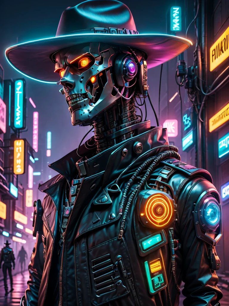 cyber punk figure, Handsome young male-faced Cowboy robot sheriff, Mysterious dark background, neon light, cybernetically enhanced, Future weapon, wearing a cowboy hat + neon light brim, Bionic arm, metal chin, red glowing eyes, dystopian city, Sharp focus, Steel texture, vibrant with color, concept art style. (Best quality, 4K, 8k, High resolution, masterpiece: 1.2), very - detailed, (Actual, Actual photo, Actual-photo: 1.37),