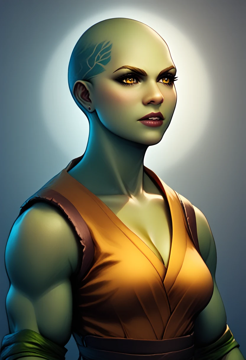 Jennika,a female teenage mutant ninja turtles,buff,muscular,big neck,green darker skin,yellow bandanna,mutant,bald,knifes, a powerful physique, inspired by the style of Bill Sienkiewicz, 80’s comics, masterfully rendered with exceptional detail and realism, vivid colors, and dramatic lighting.