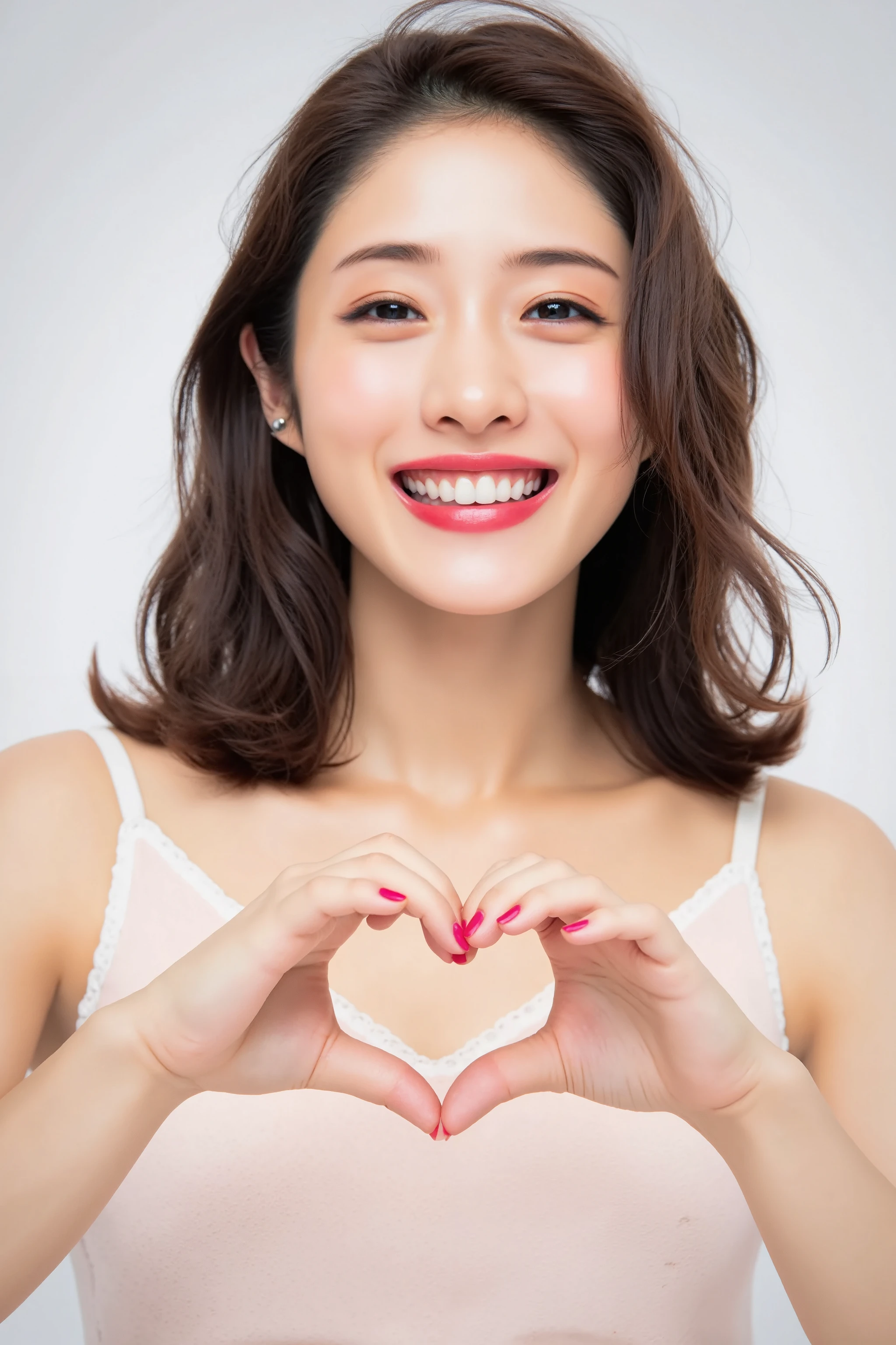 She is in a pose wearing a sexy camisole, making a firm big heart shape with both hands, and holding it in front of her chest, Cute smile up

