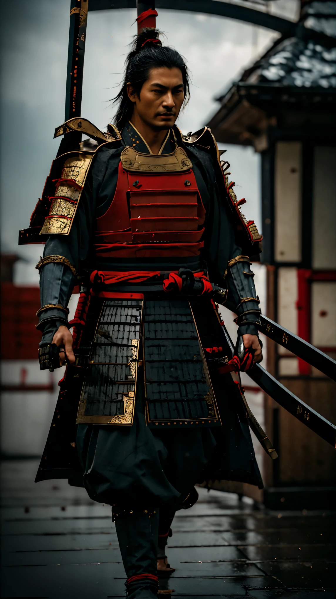 A cinematic scene of a battlefield in 19th century Japan, with samurai in traditional armor, dark clouds, and smoke in the air. A samurai, tall and robust, with black hair tied in a bun, fair skin, and a determined expression. His face shows lines of expression and a prominent scar on the left cheek, conveying experience and determination. He is in an attack position, with the katana raised and the body slightly leaning forward. He wears ornate armor with gold and red details, in dark shades of gray, deep blue, and deep red, conveying drama and intensity. Quality 8K ( a approximately 33 megapixels). Oriental faces