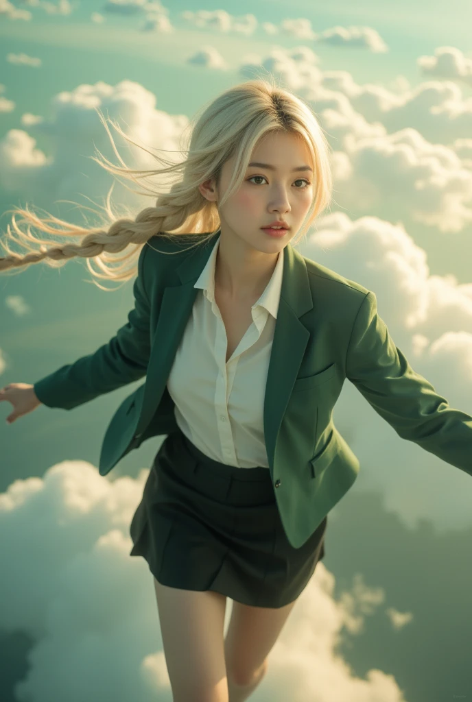 
18 year old girl with long platinum blond braided hair, wearing a dark green blazer white blouse and black skirt, flying among clouds in the style of hyper-realistic atmospheres, anime aesthetic, dotted, fenghua zhong, close up, light gold and dark emerald, 32k uh --ar 9:16 --stylize 750 