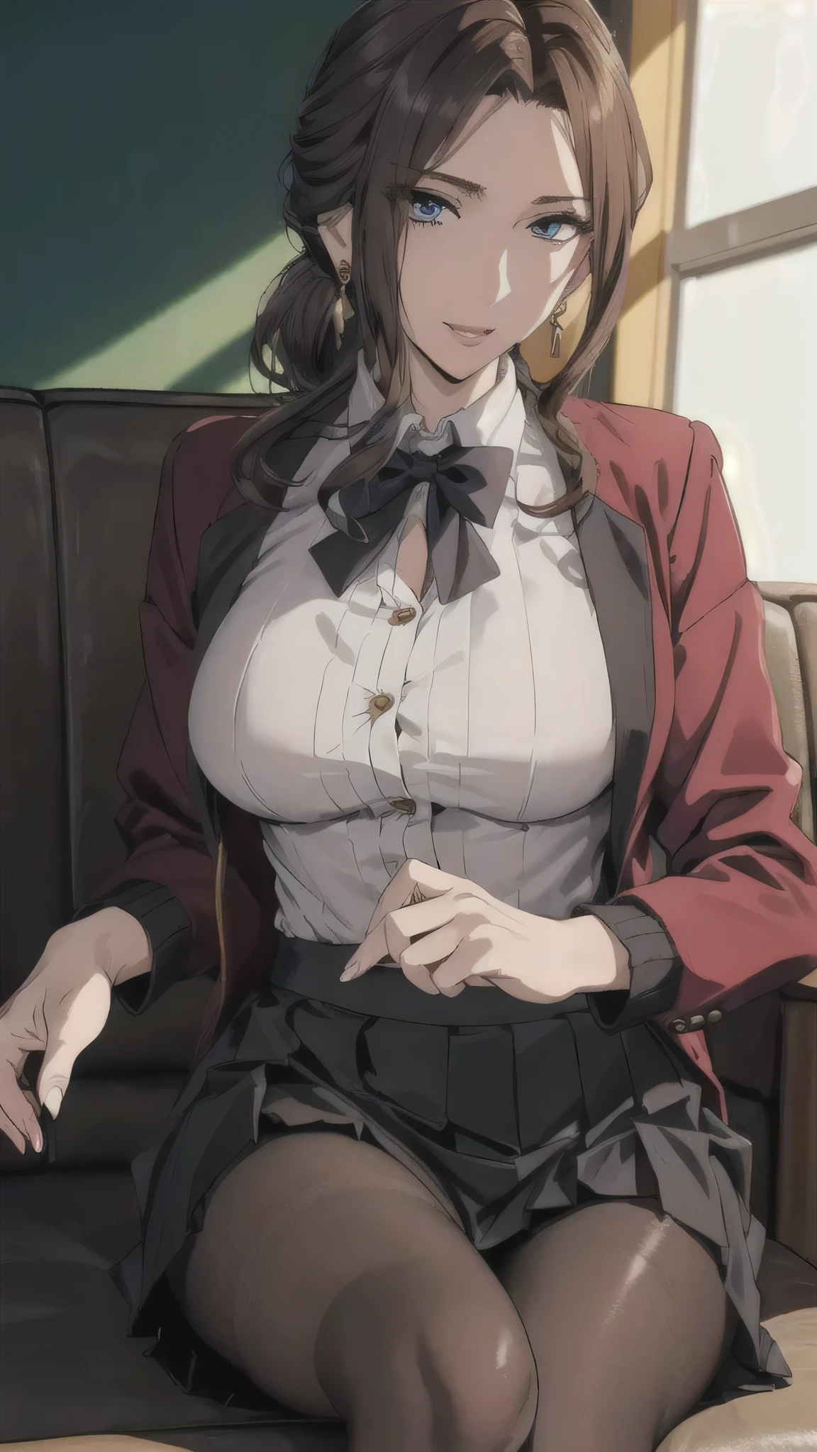 (( correct anatomy)),(( black pantyhose)),(( Mini Pleated Skirt )),((sit)),((student服)),((blouse)),(((School))),((student)),((Luxury sofa)),(()),(()),(( jacket)),(()),(()), ultra high resolution,  mature women,  mature women,  very detailed , Perfect hands, Fine fingers,  beautiful details ,((length, Long Hair)),(( ponytail)), earrings with cups, perfect eyes, seductive eyes,