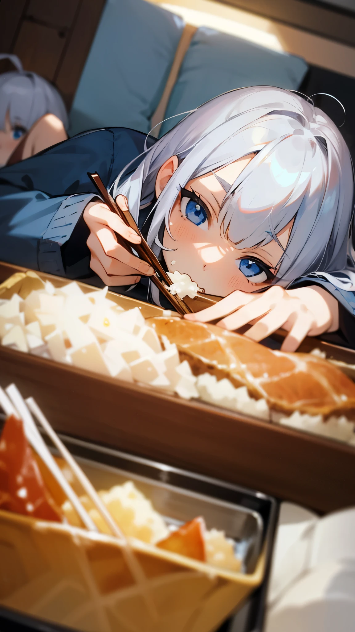 Silver Hair、 blue eyes 、 lying on a futon 、Girl eating katsudon 、 holding chopsticks in her right hand