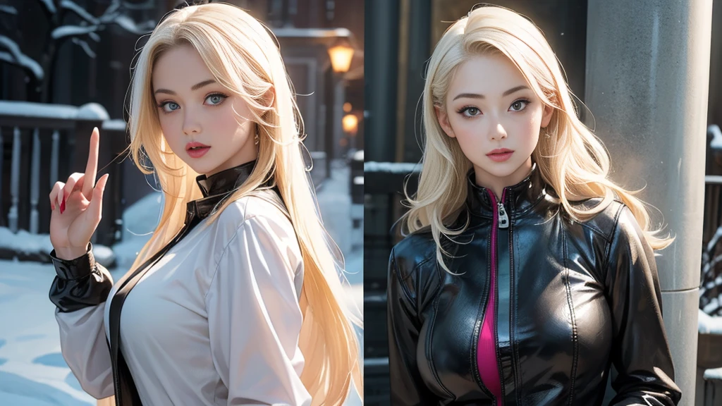 Deux femmes, long curly hair, cheveux blond, Blond clair, jumeaux, scene, Bright state, yeux bleus latex jaune