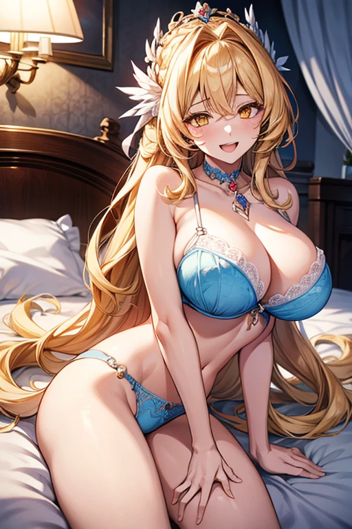 (close up:1.4) (adult woman:1.2) (nude:1.1) (topless:1.1) (elaborate beautiful dress:1.2) (athletic build:1.4) (from above) (lying face down in bed) (golden halo) sapphire blue rose choker, night, dark cozy bedroom, mood lighting, on bed, Absurd, Perfect Anatomy, performance, Good lighting, Shadows in the movies, large breasts, large butt, thin waist, Long HAIR, (blonde hair), (loving look:1.4), original HAIR style, Dynamic Angle, (detailed face:1.3) (dynamic lighting:1.5), (sapphire blue eyes) (sapphire blue leaf bracers on arms) (sapphire blue leaf hair piece) (elaborate golden necklace) (blue roses on bed:1.3) (blue roses in hair) (stunning beautiful dark blue eyes:1.5)