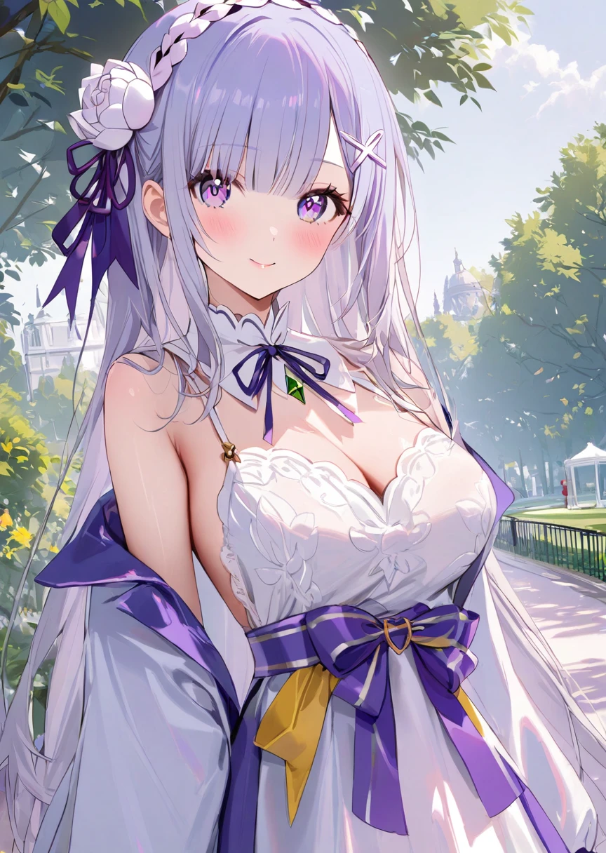 2girl,rem, rezero,beautiful outfit,fashion design, catwalk, l2v, looking at viewer,park,masterpiece,zoom in, close up,BREAK, emilia ,rezero