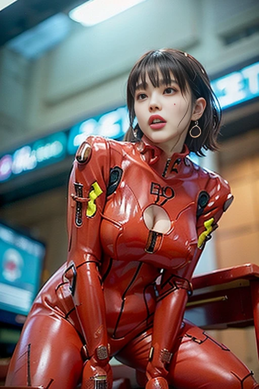 （8k、RAW Photos、Highest quality、masterpiece：1.2),(Legs wide open),(:1.4),Staring at the audience,Viewed from the front,erotic,White skin,(Close to the skin、A red plug suit that lets your skin show through:1.7),Absurd,、Ultra-high resolution,One person, solo,whole body,Japanese women,（Photorealistic：1.37）、Photon Mapping,Realistic、(Angle from below the front: 1.6)、(Contemptuous expression: 1.7)、(Detailed face: 1.7)、Radio City、Physically Based Rendering、prospect、Depth of field rally background、picture,Beautiful feet, I can see your knees,thigh,Nogizaka Idol、Sit on the desk and spread your legs、Small breasts、Detailed nipple shape、Detailed breast shape、(Grab your chest、I can see her cleavage)、Earrings, Open your mouth a little, Drooling, Textured skin, High detail, Detailed pubic shape、Detailed groin area、slender、Sweaty、Anatomically correct, High detail, Take a closer look, Licking your lips, 