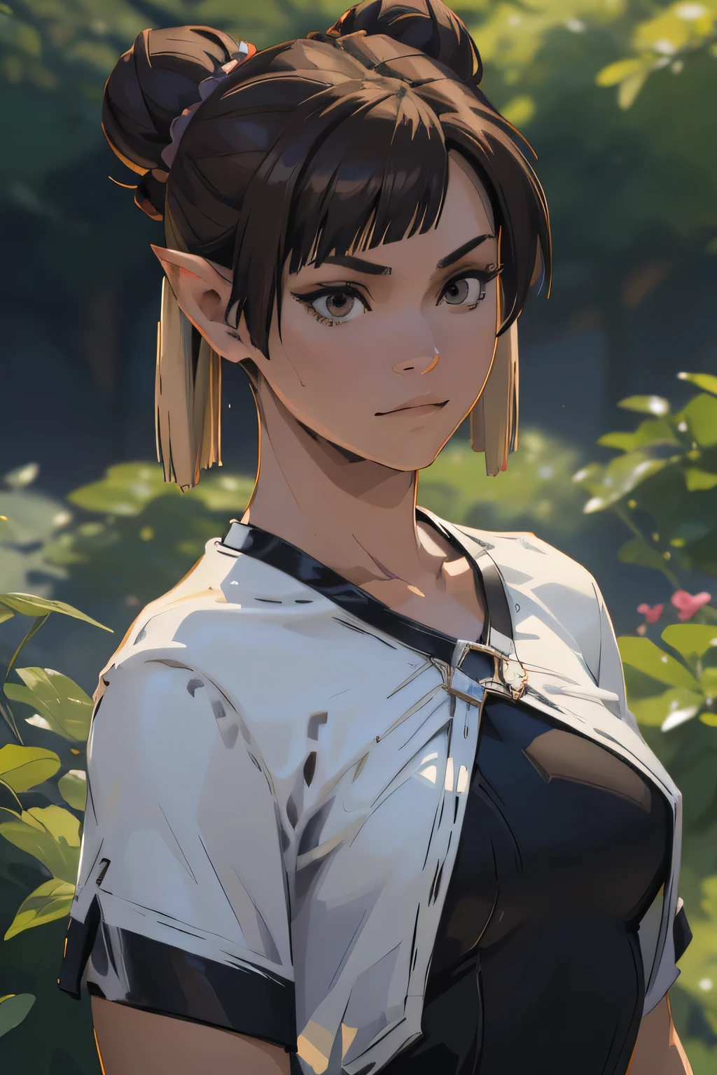 a cartoon woman with a sword, makoto shinkai art style, short hair, double bun hairstyle, blunt bangs, Laofen character, brown hair, brown eyes, hair ornament, (best quality,4k,8k,highres,masterpiece:1.2),ultra-detailed,(realistic,photorealistic,photo-realistic:1.37),digital painting, vibrant colors, warm lighting, detailed facial features, intricate clothing, dynamic pose, dramatic atmosphere