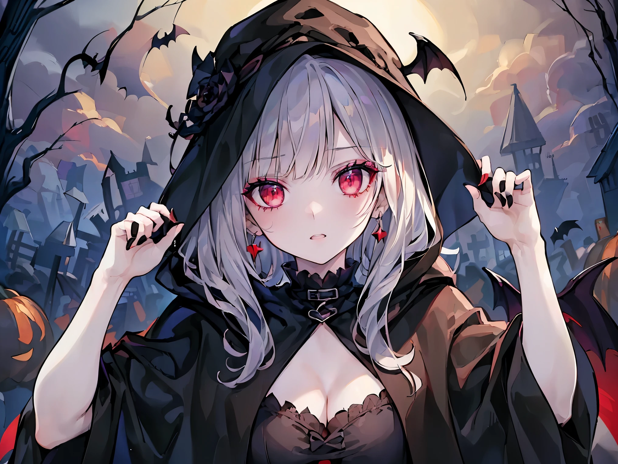 (((Best quality, 8k, Masterpiece: 1.3)), ((best quality)), ((masterpiece)), (detailed), perfect face, Makeup for Halloween, Gothic horror, Bat wings, black clothes, black cloak, white skin, pale skin