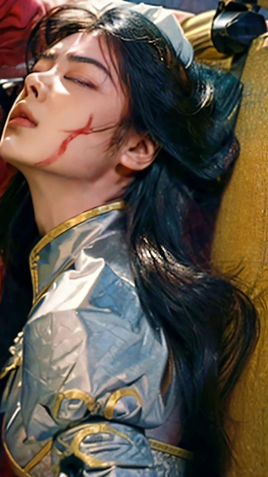 Long Hair, Silver Costume, lying unconscious on a stretcher, Criminal gang members are carrying stretchers.,  eyes closed ,  being hit by a strong enemy are accurately depicted, Anguished expression, In agony, injury, Bleeding,   the details of my clothes are accurately drawn  , masterpiece,  High image quality ,  profile ,  camera angle from above,  feeling tired , Loose