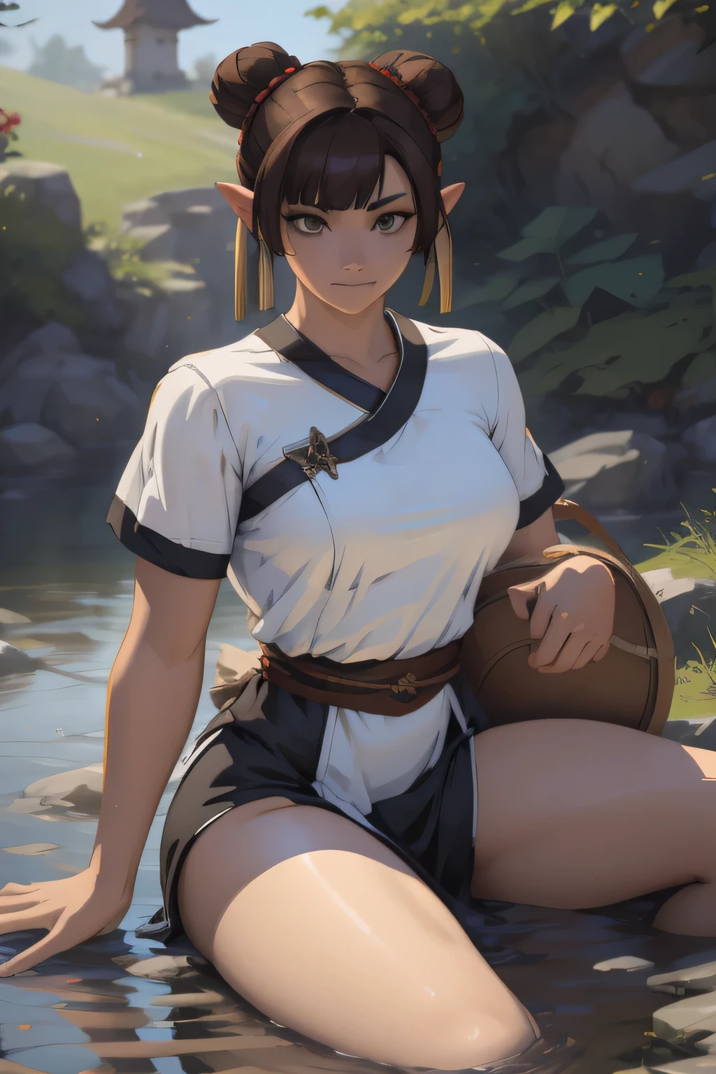 there is a woman sitting on a rock reading a book, artwork in the style of guweiz, by Yang J, by Li Song, by Zhou Chen, by Zou Zhe, by Ren Xiong, guweiz, krenz cushart and wenjun lin, by Zeng Jing, by Chen Lin, by Zhou Fang, by Jin Nong LAUFEN, SHORT HAIR, DOUBLE BUN, BLUNT BANGS, Laofen, brown hair, brown eyes, hair_ornament,