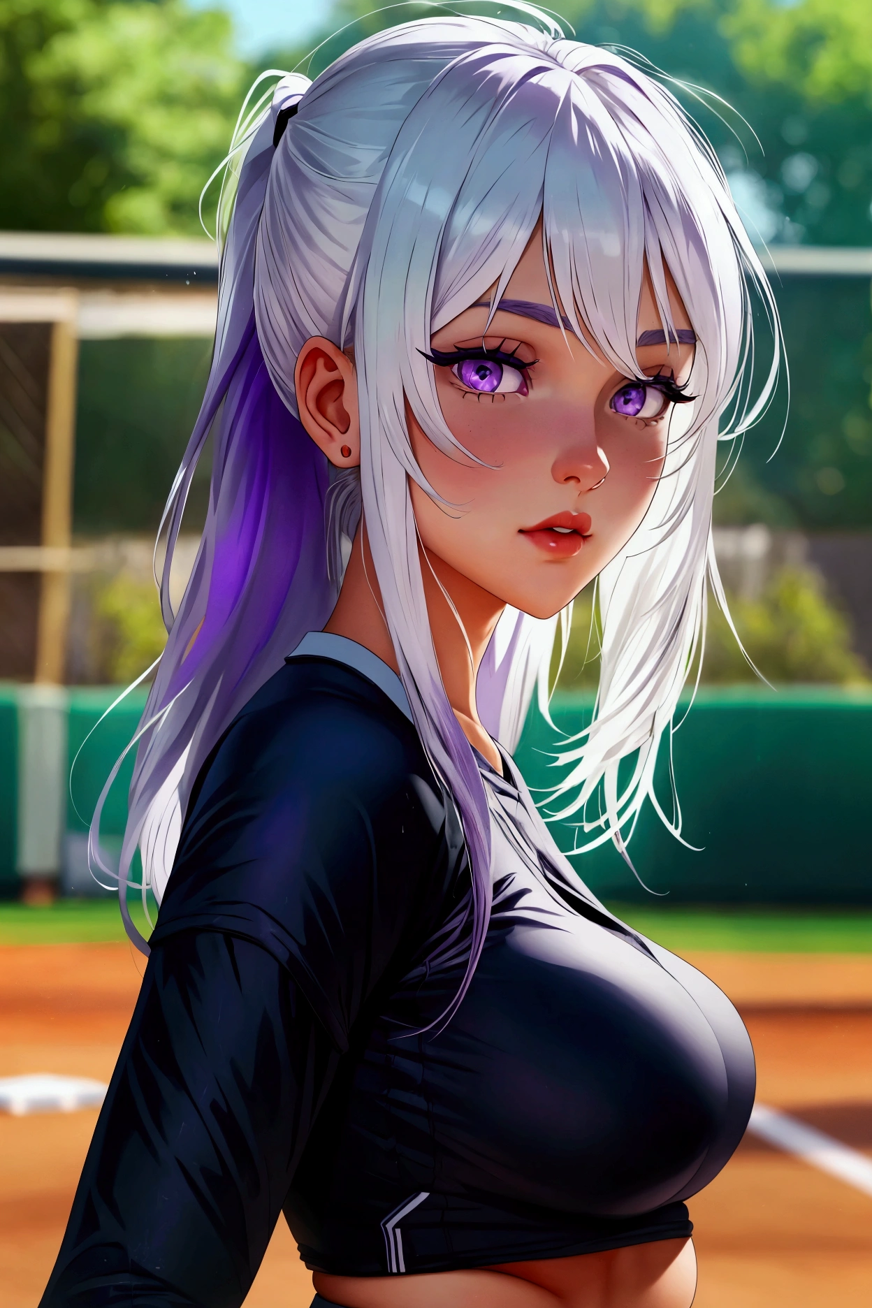 HD、white hair 、Purple Eyes、girl、High 、single ponytail、Baseball player、light colored clothes、Long sleeve dark underwear slim fit、plump breasts