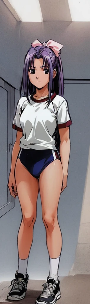 Momoko Koigakubo, a tall girl with beautiful legs, is standing with her legs spread to the sides in a white gym uniform and light navy blue bloomers that look like panties.。Next to Momoko Koigakubo stands a black-haired girl in gym clothes.。
