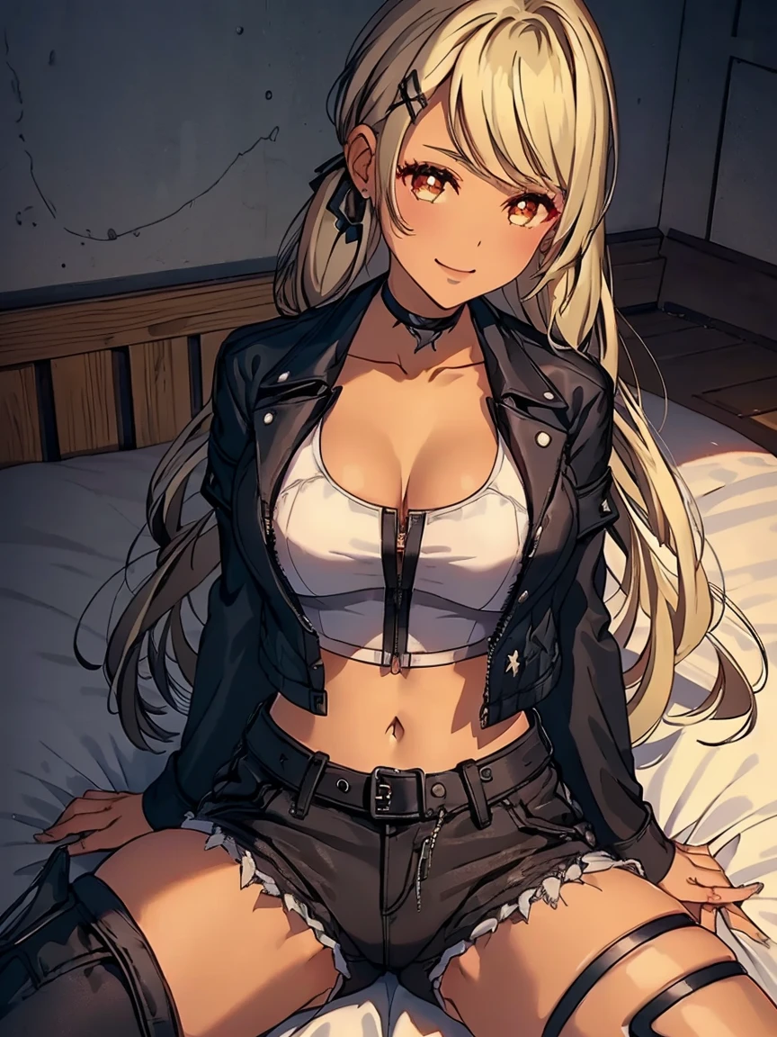 Girl seen from the floor, View from below, big breasts, ((Very detailed)), (Beautiful Hair、Beautiful Face、Beautiful Eyes、 Beautiful breasts、Beautiful thighs、Beautiful legs、Beautiful fingers), (Perfectly detailed face, detailed eyes), (Highly detailed hands), Photorealistic images, ((Natural Fingers)),
BREAK choker, cropped jacket, black jacket, white shirt, midriff, black shorts, thigh strap, smile, blush,
BREAK ((Lying in bed:1.3)), (((Hands behind your head))), ((spread legs:1.2))