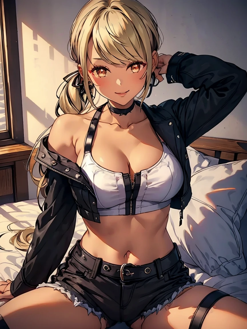 Girl seen from the floor, View from below, big breasts, ((Very detailed)), (Beautiful Hair、Beautiful Face、Beautiful Eyes、 Beautiful breasts、Beautiful thighs、Beautiful legs、Beautiful fingers), (Perfectly detailed face, detailed eyes), (Highly detailed hands), Photorealistic images, ((Natural Fingers)),
BREAK choker, cropped jacket, black jacket, white shirt, midriff, black shorts, thigh strap, smile, blush,
BREAK ((Lying in bed:1.3)), (((Hands behind your head))), ((spread legs:1.2))