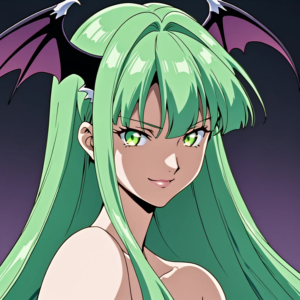 cel anime style. {face close up shot}. front shot. {solo}. A face of slender female "Morrigan Aensland". looking at viewer. smile. {{{{{night}}}}}, {{{{bedroom}}}}. She has straight hime cut long hair, green hair, bangs, green eyes, bat-like wings on the sides of her head, bare shoulders, {{{topless}}}.