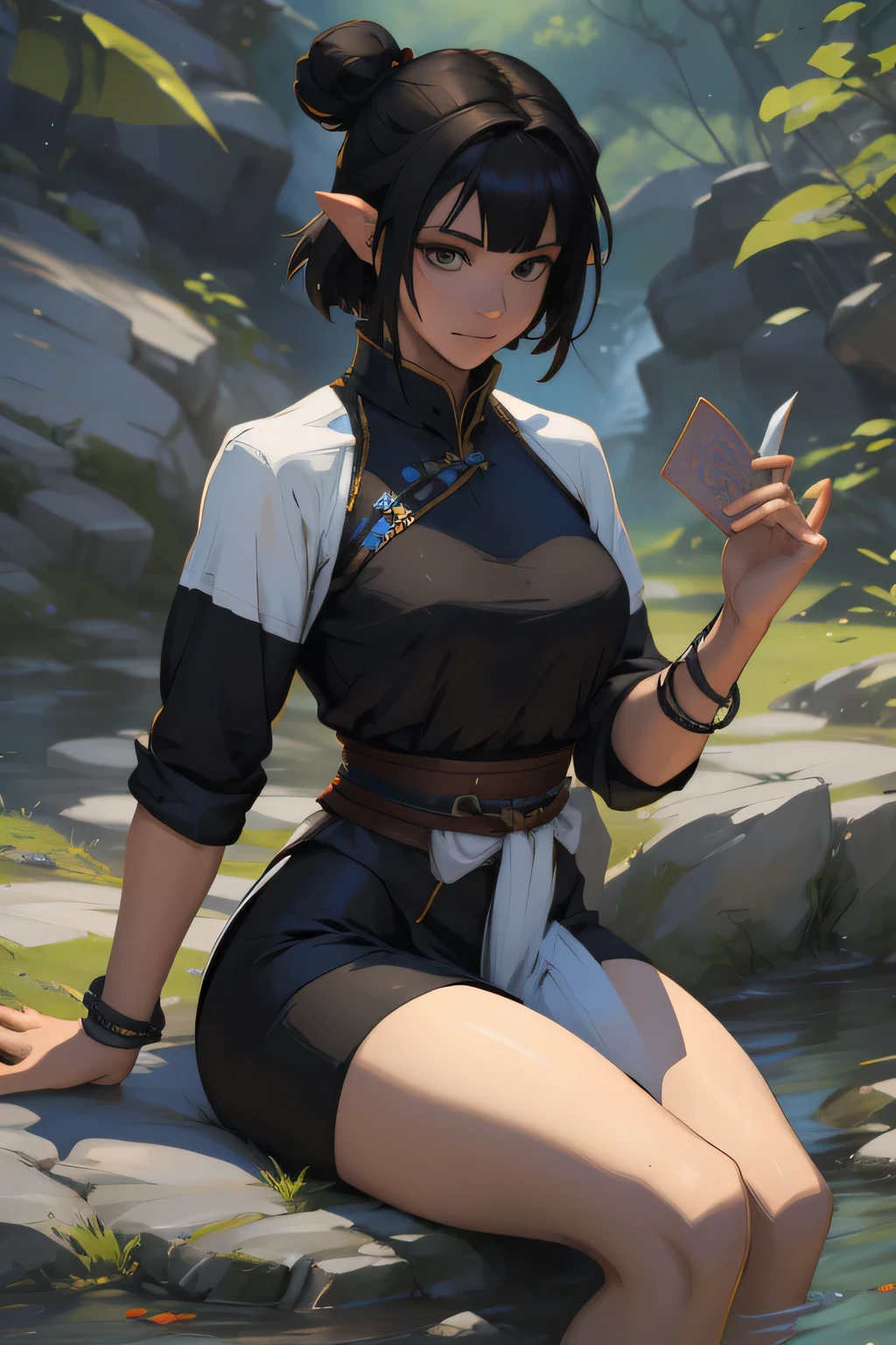 there is a woman sitting on a rock reading a book, artwork in the style of guweiz, by Yang J, by Li Song, by Zhou Chen, by Zou Zhe, by Ren Xiong, guweiz, krenz cushart and wenjun lin, by Zeng Jing, by Chen Lin, by Zhou Fang, by Jin Nong LAUFEN, SHORT HAIR, DOUBLE BUN, BLUNT BANGS, Laofen, brown hair, brown eyes, hair_ornament,