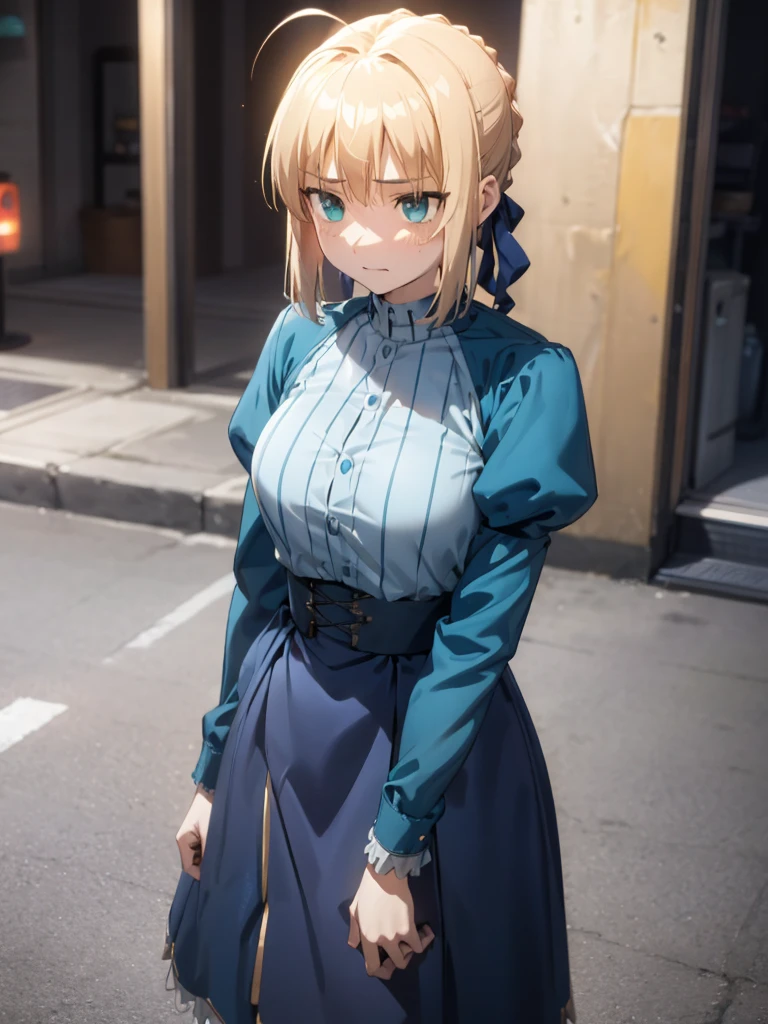 (​masterpiece、top-quality、hight resolution、Unity 8k、extremely details CG:1,Best Picture), artoria pendragon (fate), A woman wearing a casual outfit with comfortable, fitted blue jeans and a tucked-in striped T-shirt, A woman standing on a quiet street corner at night, shortly after the protagonist earnestly asks her to have sex with you. She looks surprised and a little flustered by the direct and sincere request. Her expression is a mixture of mild surprise, awkwardness and a hint of amusement, as if to say, ‘Such honesty... okay. Sex in a hotel...’ as if she were thinking. She is surprised, but gently accepting of the situation.