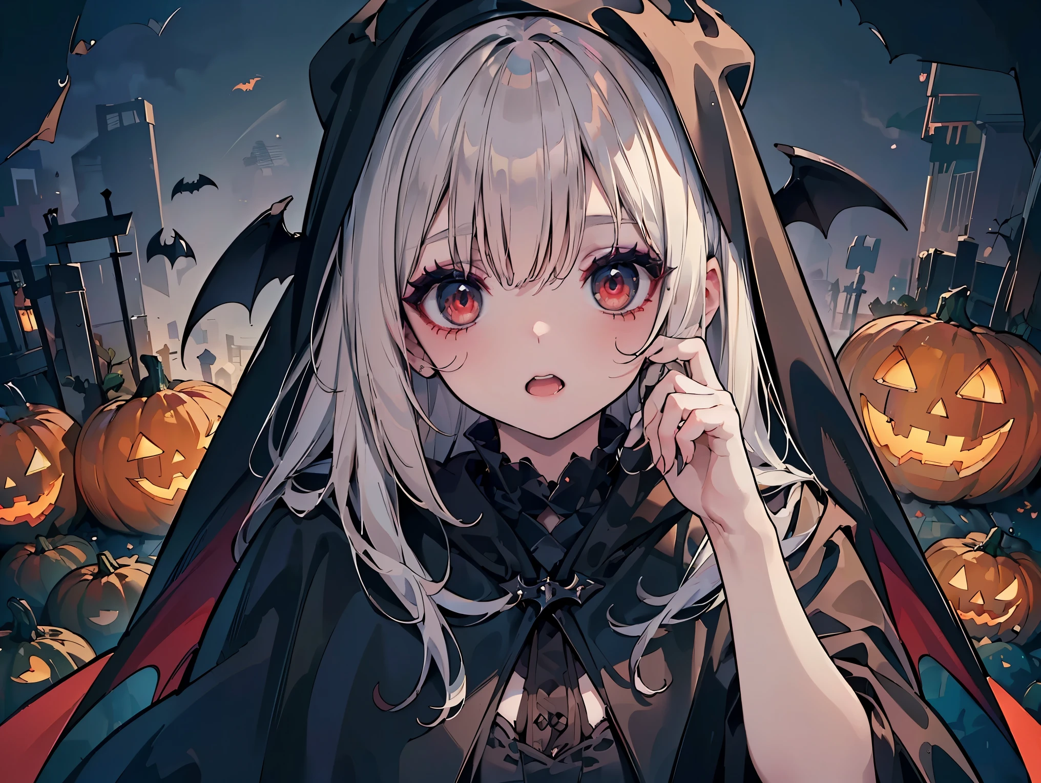 (((Best quality, 8k, Masterpiece: 1.3)), ((best quality)), ((masterpiece)), (detailed), perfect face, Makeup for Halloween, Gothic horror, Bat wings, black clothes, black cloak, white skin, pale skin