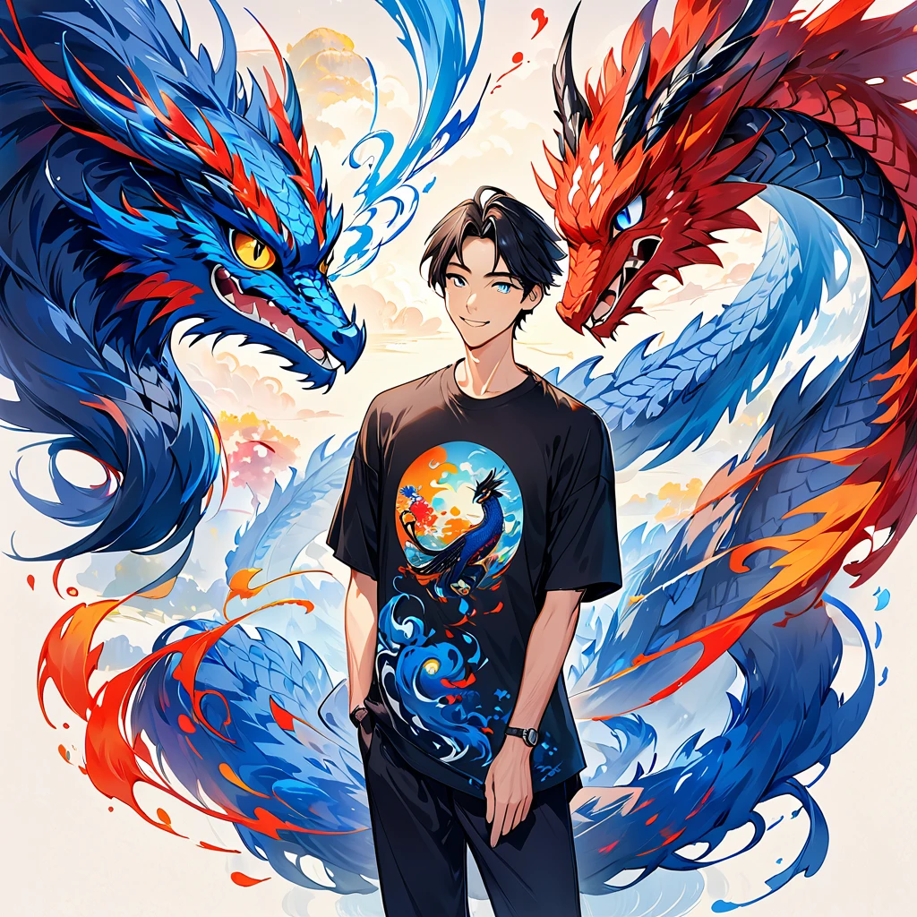 A man in his 30s is standing alone with a smile。The hair is pretty short and black 。Slim and tall。 wears a plain black t-shirt。 holding a cute owl 。A man in his 30s wearing a black t-shirt with a blue dragon swirling in the background 。 colorful ink painting based on blue。