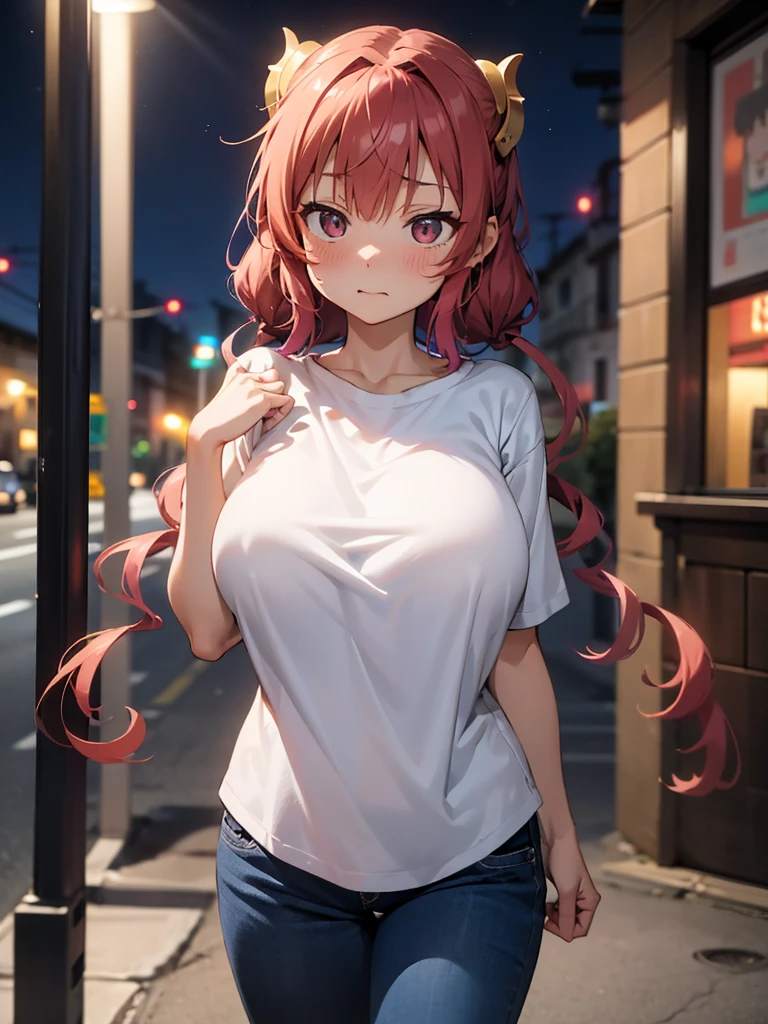 (​masterpiece、top-quality、hight resolution、Unity 8k、extremely details CG:1,Best Picture), ilulu, A woman wearing a casual outfit with comfortable, fitted blue jeans and a tucked-in striped T-shirt, A woman standing on a quiet street corner at night, shortly after the protagonist earnestly asks her to have sex with you. She looks surprised and a little flustered by the direct and sincere request. Her expression is a mixture of mild surprise, awkwardness and a hint of amusement, as if to say, ‘Such honesty... okay. Sex in a hotel...’ as if she were thinking. She is surprised, but gently accepting of the situation.