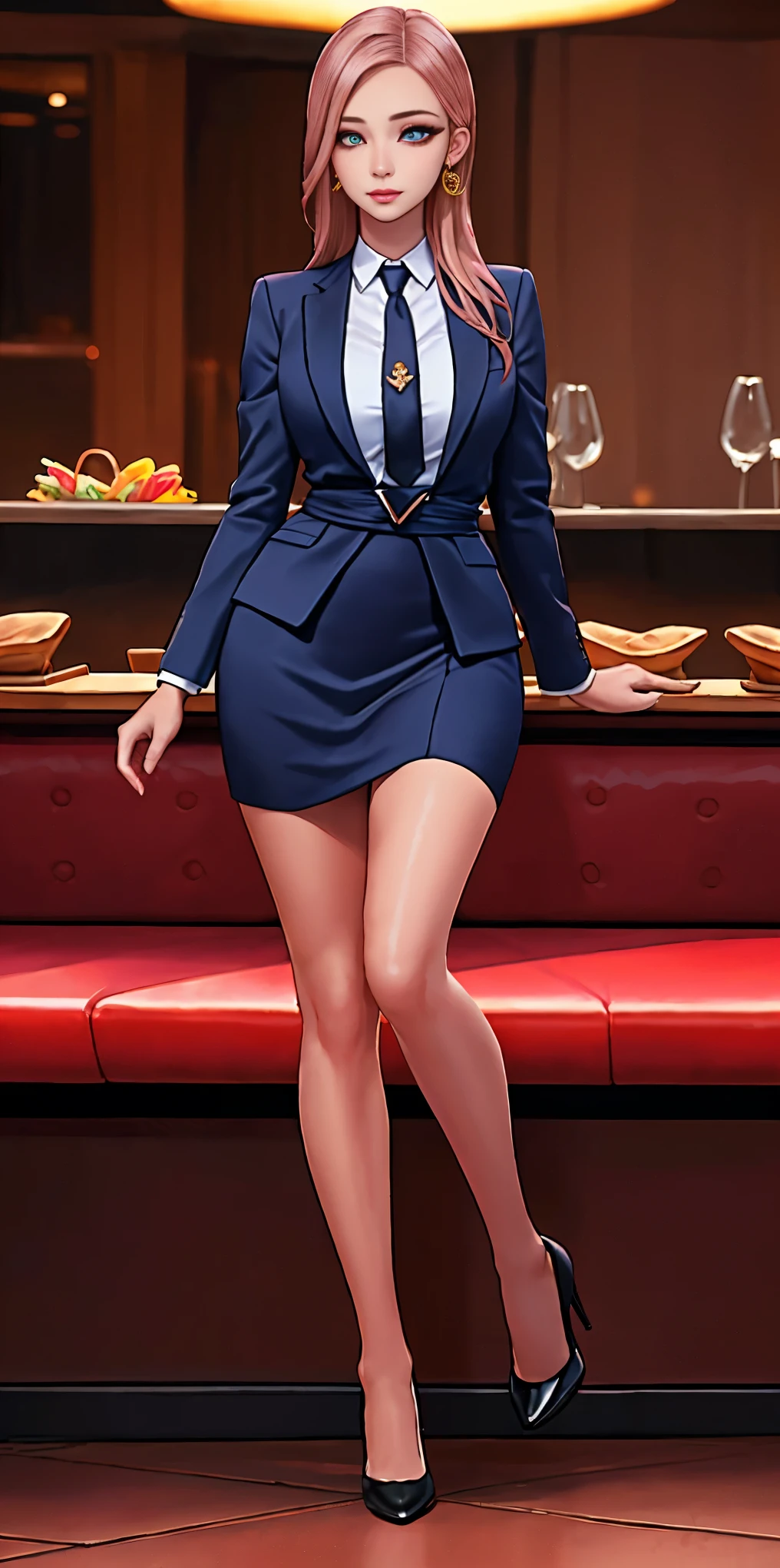 sakuyarindou768, mature female,(Wearing business outfit,formal jacket,neck tie, tie,white shirt, skirt, heels,High waist Skirt)( big perfect round breasts,hourglass body, thin waist,btpt-fc,Photo realistic, (hyperrealistic:1)beautiful, masterpiece, best quality, extremely detailed face, perfect lighting,detailed eye makeup, detail face, nice detailed eyes,nice hands, perfect hands (realistic pupils,realistic iris:1) heavy eye makeup (working at a restaurant, background restaurant)