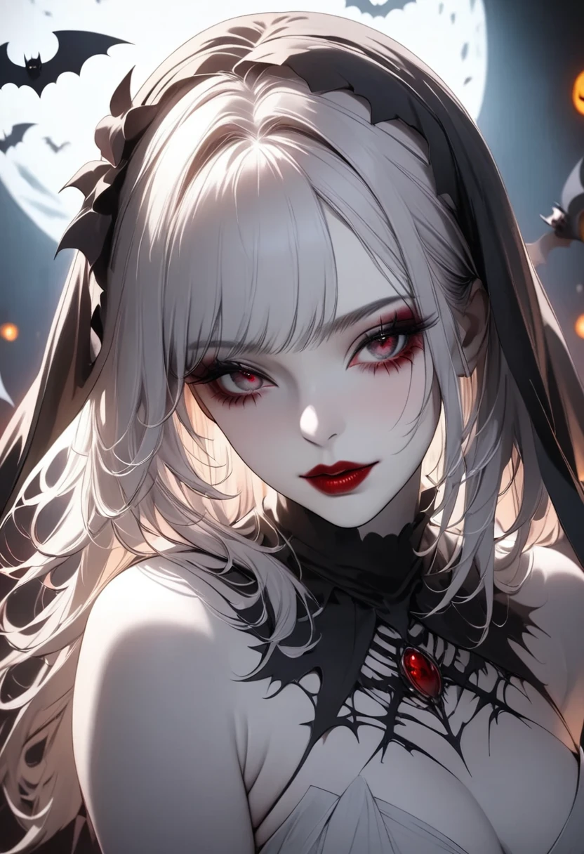 (((Best quality, 8k, Masterpiece: 1.3)), ((best quality)), ((masterpiece)), (detailed), perfect face, Makeup for Halloween, Gothic horror, Bat wings, black clothes, black cloak, white skin, pale skin