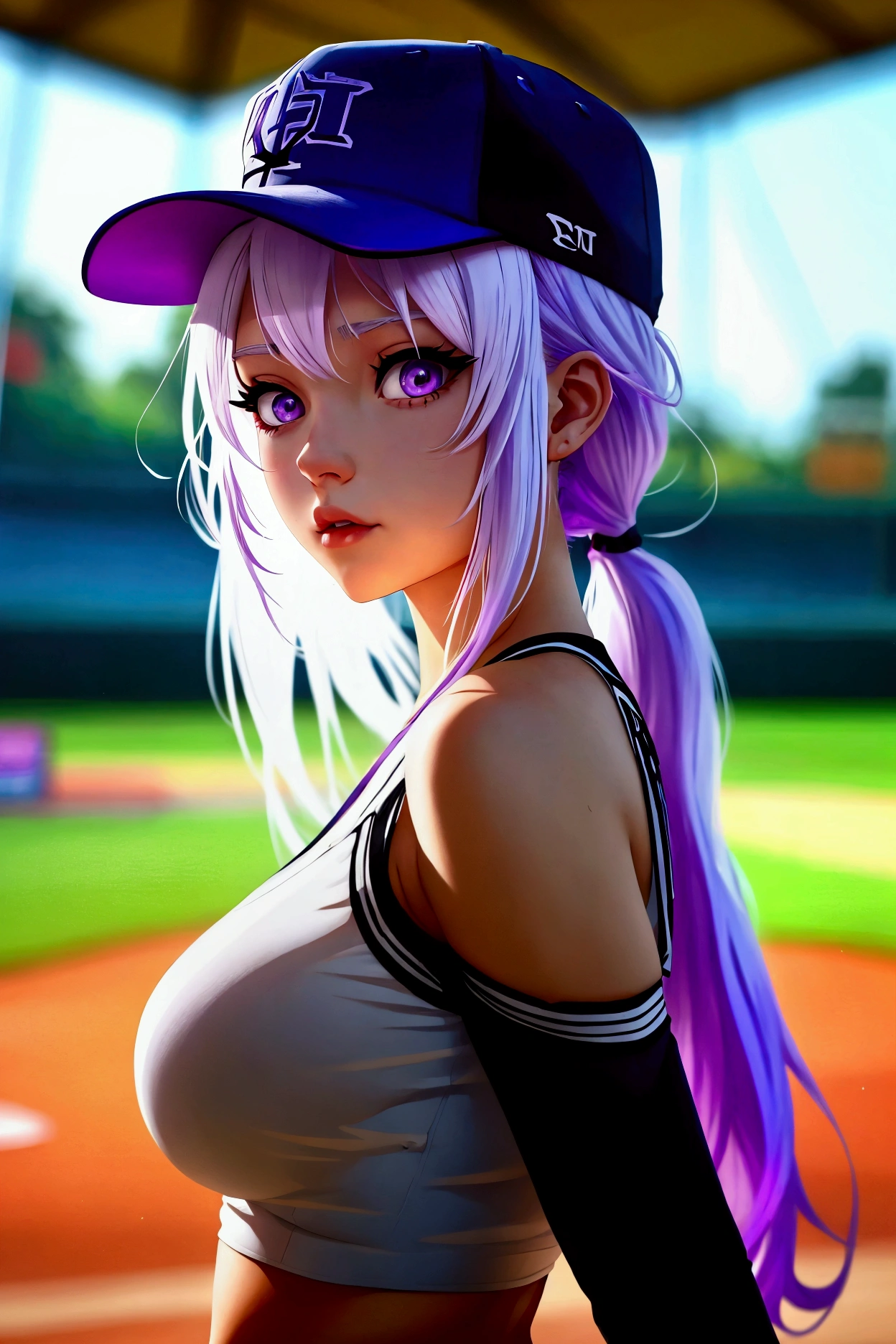 HD、white hair 、Purple Eyes、girl、High 、single ponytail、Baseball player、light colored clothes、Long sleeve dark underwear slim fit、plump breasts