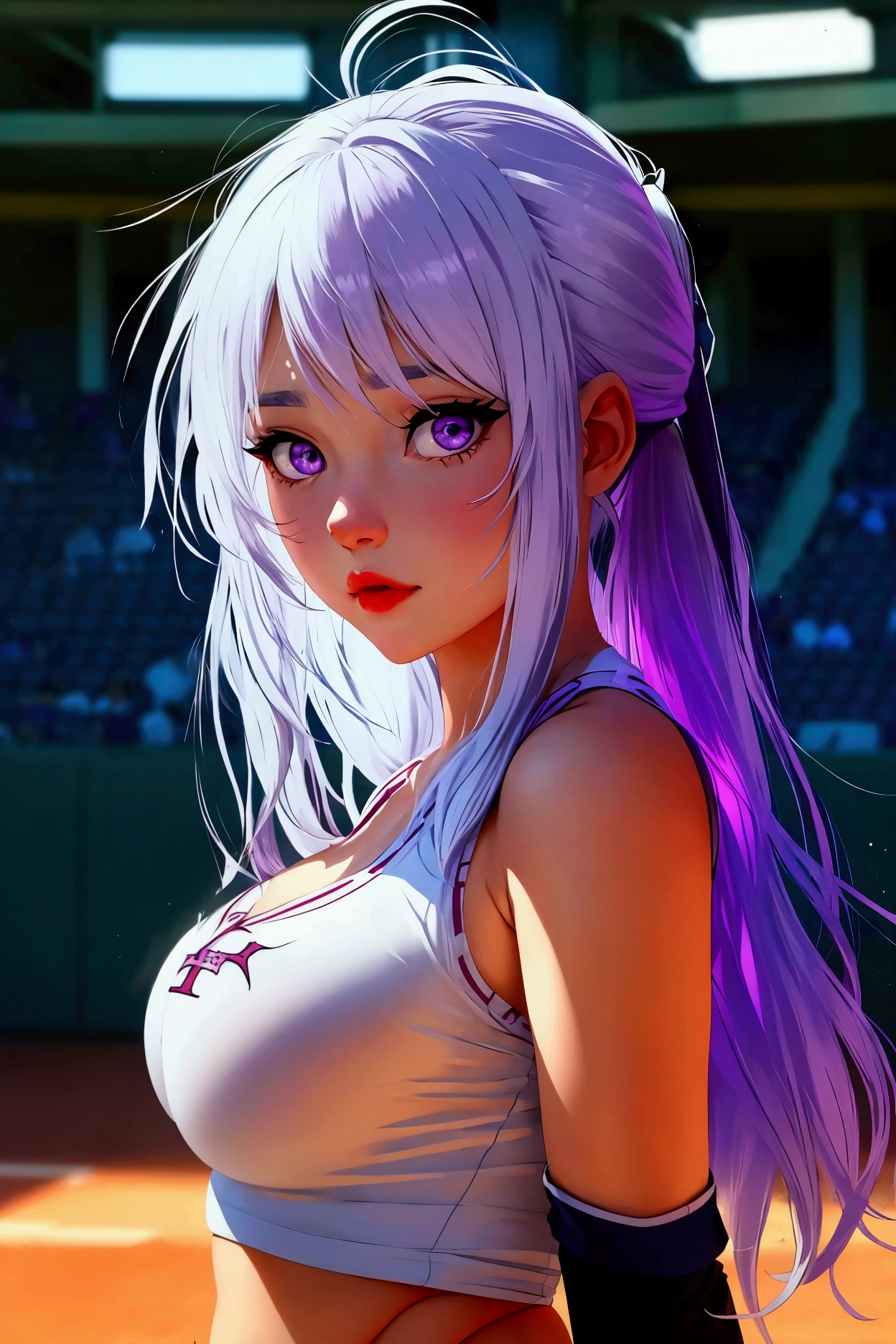 HD、white hair 、Purple Eyes、girl、High 、single ponytail、Baseball player、light colored clothes、Long sleeve dark underwear slim fit、plump breasts
