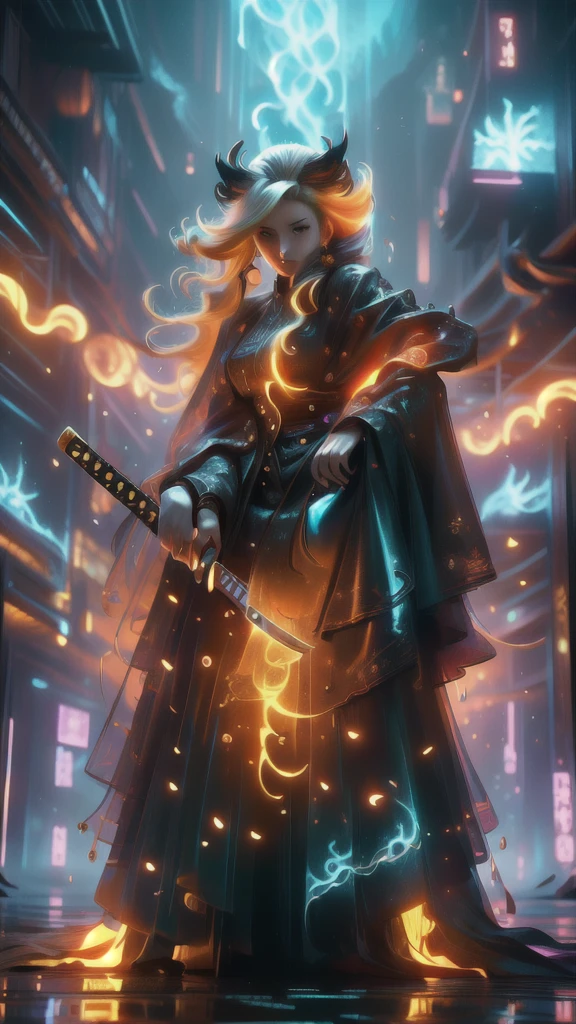 An enigmatic woman with Glowing blonde white Long hair in a sleek, form-fitting black elegant dress emits a mesmerizing bioluminescent aura, wielding an awe-inspiring katana forged from pure galactical energy, surrounded by vibrant lightning, all set against the backdrop of bustling Tokyo, in a fighting pose. This striking image, whether a painting or photograph, captures the woman's graceful yet powerful presence, with every detail meticulously rendered to convey a sense of otherworldly beauty and strength. The viewer is drawn into a scene that seamlessly blends elegance with celestial power, creating a mesmerizing and high-quality visual experience.