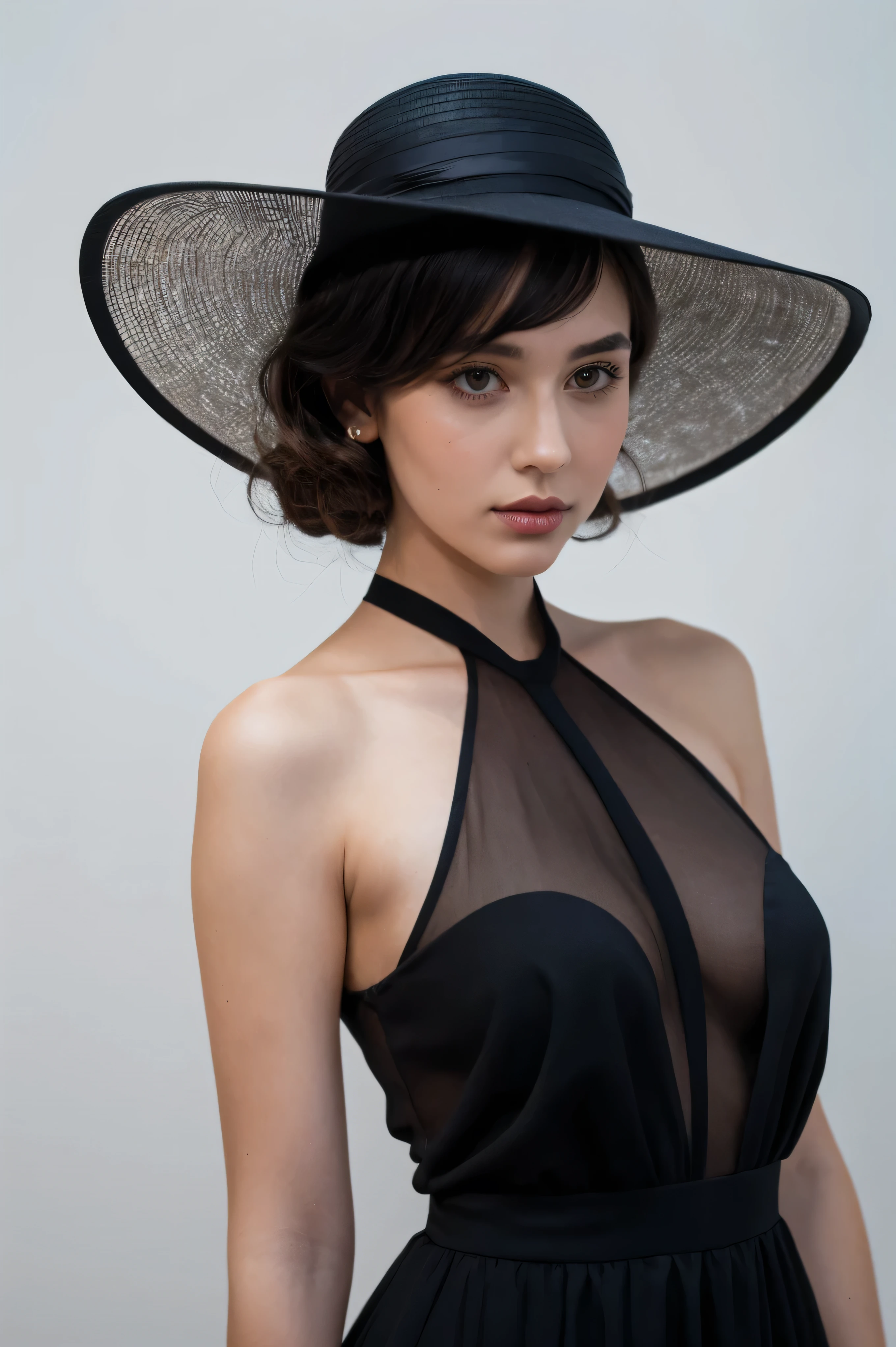 a woman in a black dress is wearing a big hat to the right, in the style of clever use of negative space, i can't believe how beautiful this is, light & shadow, crisp lines and forms, dark and intricate --ar 29:43 --v 6.0
