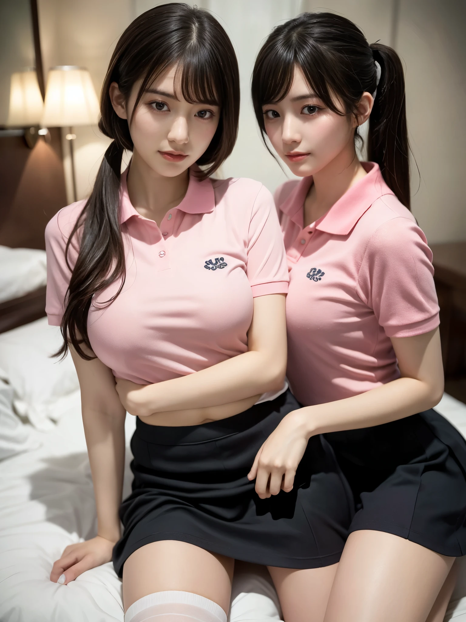 masterpiece, best quality, illustration, Super detailed, fine details, High resolution, 8K,wall paper, perfect dynamic composition,(Details High quality, realistic depiction of eyes:1.3), (2 girls:1.29), (pink collared polo shirt), pleated skirt, knee high socks, twin tails, sitting, open legs, in a hotel room in the background, deep on field, large breasts, black hair color, Big Natural Color Lip, (perfect body shape), crying a little、Harajuku style、20 year old girl、cute type、beautiful legs, Gravure Idol