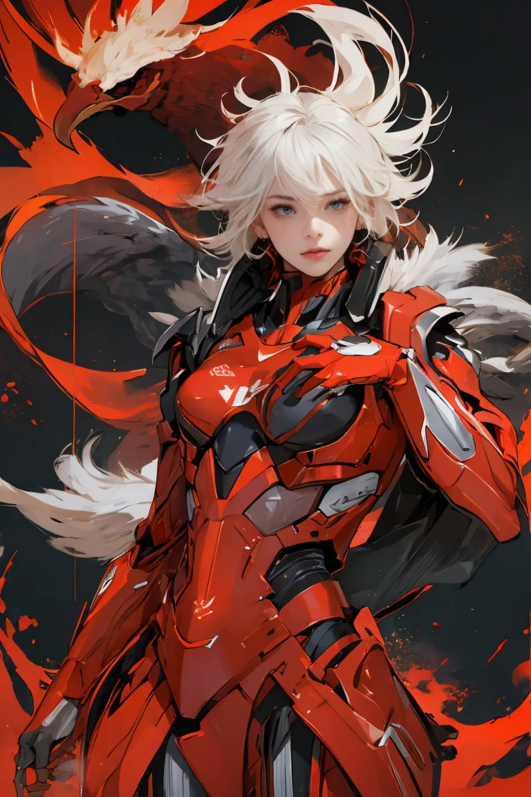 Red Theme, Phoenix Mech, Rooster&#39;s head Chicken&#39;s head, Mecha Wings,  Cyberpunk, Best Quality, masterpiece, Unmanned, Full Body, Mechanical Wonders , strong, moon, City in Ruins, Best Qualityのデジタルアート,  amazing art, wallpaper 4k, Advanced Details, military用ロボット, military, War Zone,  Dynamic Lighting , movie, amazing, Damaged machine parts