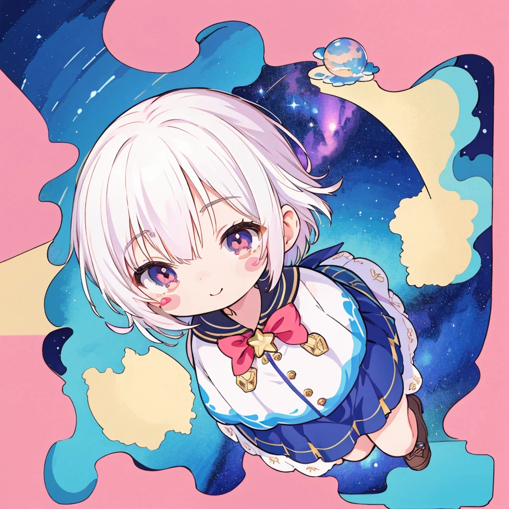 Chibi、cute、Bold and dynamic composition、X composition 、Best Quality、最高masterpiece、Handsome face、Baby Face、((Stickers))，Stickers， concept art,Under Art，Anime Style， Dreamland Wonderland、Utopian，masterpiece， Many colors ， DetailsDetails ，Seven Colors,(Best Qualityで最高の,masterpiece, Complex, Hyper Detailed ,8k ultra high definition, Super Power Factor  ，  very detailed  )，thick neon line border、(Full Body:1.2), （Long eyelashes、Detailed eyes）、 staring at viewers , A light smile, Milky white hair, universe、Milky Way、流star群、Aurora、流star群、star,Namihazama 、Mysterious、(Looking Down from Above:1.8), (upturned eyes :1.5)