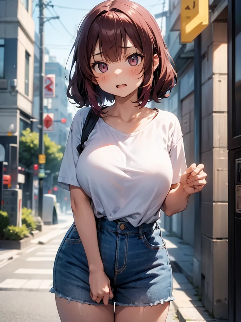 (​masterpiece、top-quality、hight resolution、Unity 8k、extremely details CG:1,Best Picture), ilulu, A woman wearing a casual outfit with comfortable, fitted blue jeans and a tucked-in striped T-shirt, A woman standing on a quiet street corner at night, shortly after the protagonist earnestly asks her to have sex with you. She looks surprised and a little flustered by the direct and sincere request. Her expression is a mixture of mild surprise, awkwardness and a hint of amusement, as if to say, ‘Such honesty... okay. Sex in a hotel...’ as if she were thinking. She is surprised, but gently accepting of the situation.