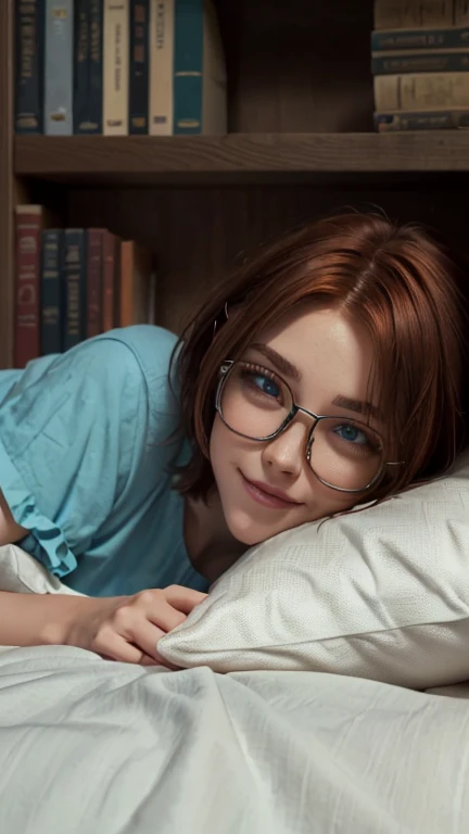  close-up,  shirt upper body . Short, red hair, green eyes,  metal-framed glasses , green nightgown, smiling girl  . (masterpiece, top quality,  Best quality ,  official art ,  beautiful and aesthetic :1.2),  Extremely detailed ,( fractal art:1.2),Colorful,The most detailed, (lying on your back), (bookcase bed background :1.5), (Lots of pillows:1.4). ((SPLIT. photorealism.  unreal engine .  Ultra high quality textures.  high detail .  8k resolution))